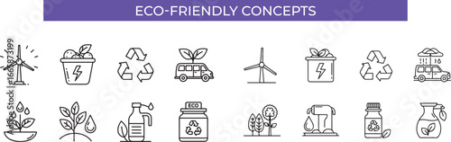 Ecofriendly concepts icons showcasing renewable energy, recycling, and sustainable practices for environmental conservation and a greener future