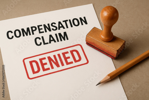 Personal injury claim denial document with denied stamp and pencil on desk