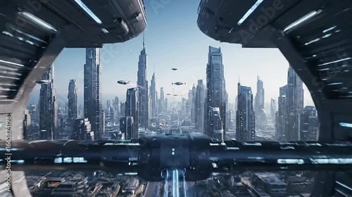Futuristic city seen through a spacecraft window showing highrise buildings and flying vehicles