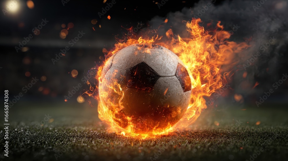 Fototapeta premium Soccer ball engulfed in flames, burning intensely on grassy stadium field, emitting sparks and dark smoke against shadowy background
