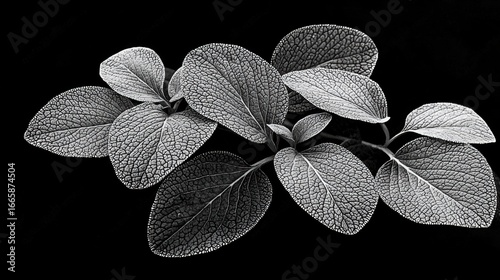 A close-up black and white photo of a plant with large, textured leaves.