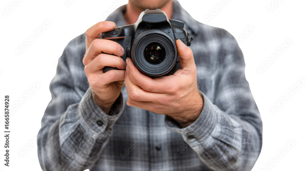 Obraz premium A person holding a camera, ready to capture moments, isolated on a white background.