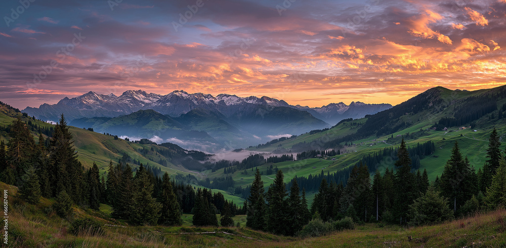 Obraz premium A breathtaking panoramic view of the majestic Alpine mountains at sunrise, with snow-capped peaks and lush purple meadows under an orange sky filled with clouds, mountain