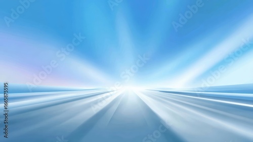 Blurred highway stretching toward distant light, conveying dynamic motion, travel momentum, and forward looking journey under expansive blue sky