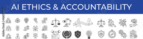 Ai ethics and accountability icons depicting artificial intelligence responsibility, fairness, transparency, and governance