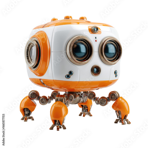 Cute, robotic, orange and white droid with multiple optical sensors and mechanical legs
