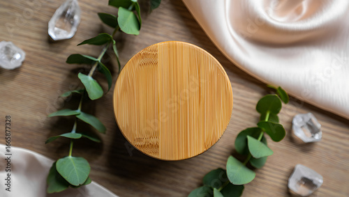 Wallpaper Mural Natural bamboo lid with eucalyptus and crystals green leaves Torontodigital.ca