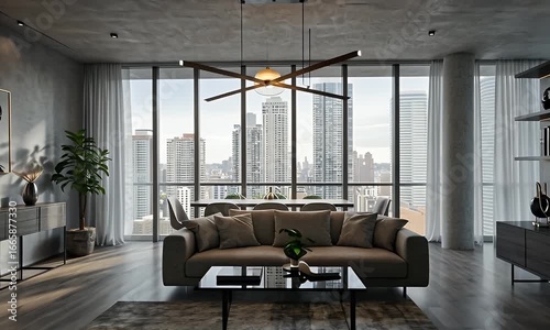 Sophisticated High-Rise Apartment Living Room with a Dynamic Zoom Towards a Stunning Cityscape View