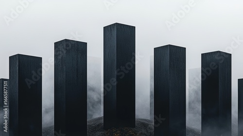 A group of black, square pillars stand in a foggy landscape, creating a mysterious atmosphere.