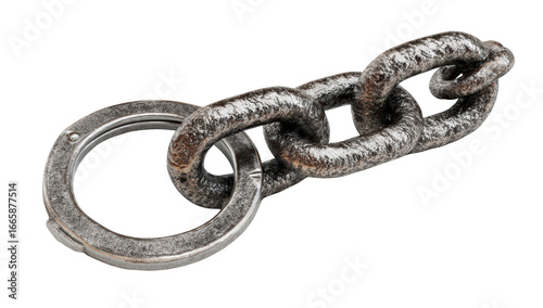 Metallic handcuffs linked to a heavy chain, isolated