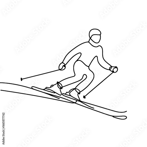 Skier in motion on slope in minimalist line art style  