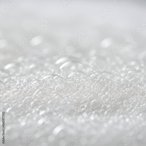 Close-up view of sudsy bubbles in a clean and clear surface. Abstract texture with a focus on bubbles, highlighting the surface tension and transparency of the soapy substance.