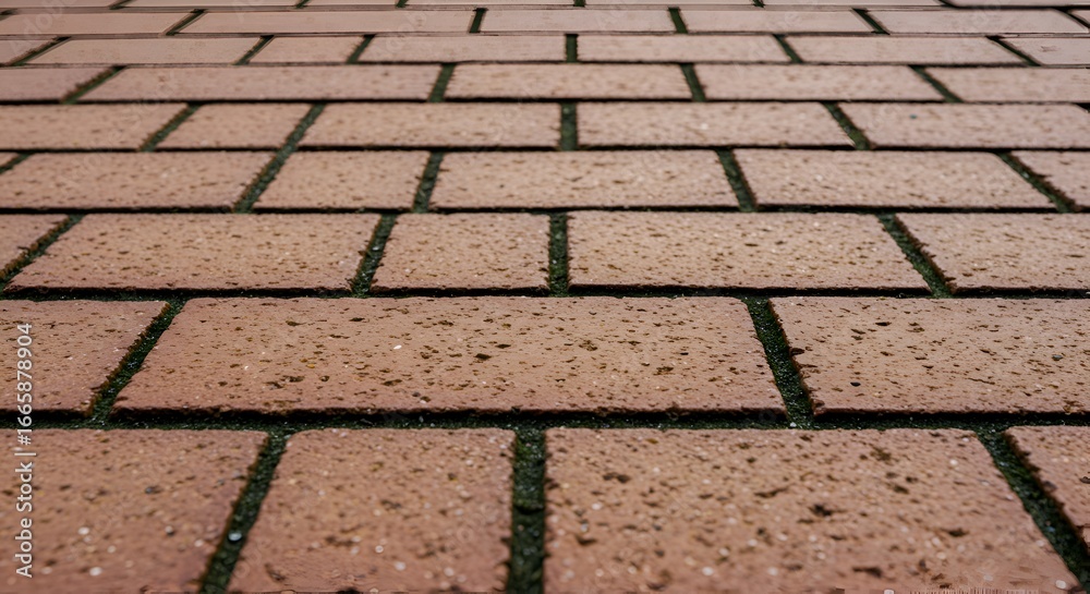 Fototapeta premium Detailed paving stones arranged in a grid pattern with dark grout lines. Close-up view of the textured surface.