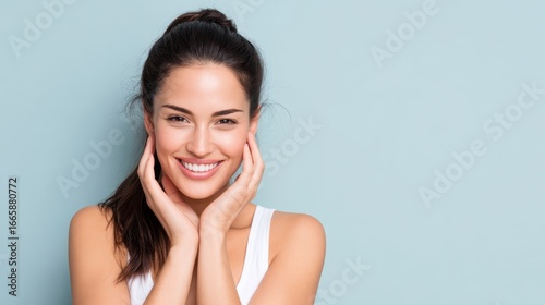 Gentle studio portrait featuring young woman touching face, radiant smile revealing perfect teeth, soft blue backdrop highlighting healthy, glowing skin