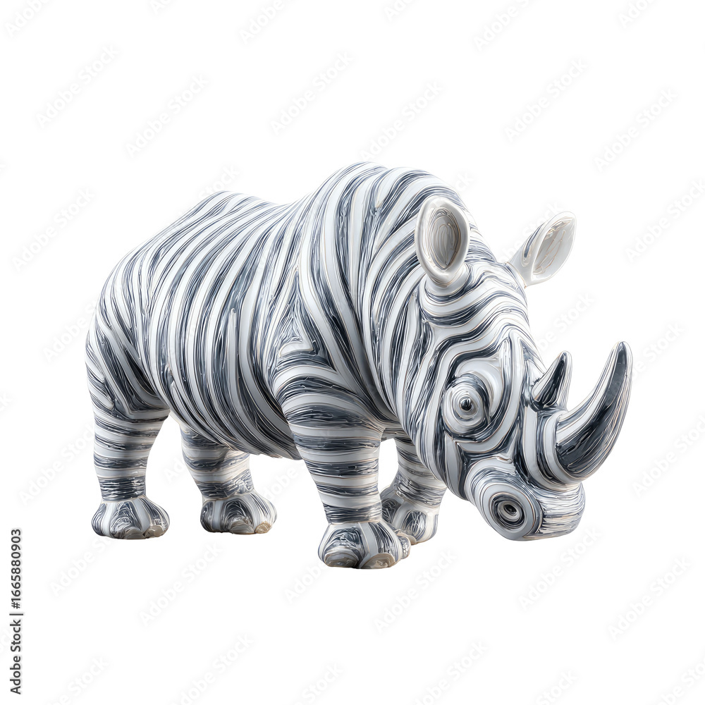 Fototapeta premium Striking ceramic rhino sculpture with a zebra-like patterned design