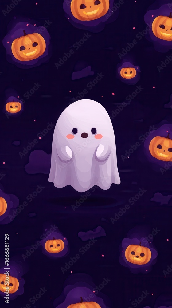 Fototapeta premium Cheerful cartoon ghost drifting near glowing halloween pumpkins, generating whimsical spooky vertical composition for seasonal graphic projects