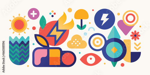 Abstract geometric shapes pattern vector illustration with eye cloud mushroom sun heart flower and lightning bolt elements