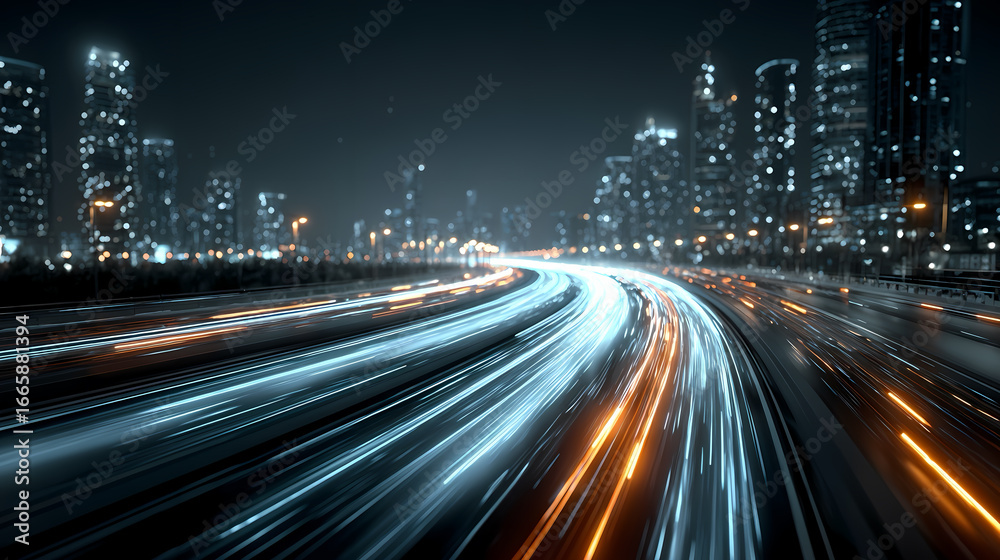 Fototapeta premium Nighttime Cityscape with Light Trails from Moving Vehicles