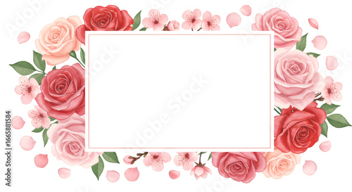 Elegant floral frame with soft pink and red roses, delicate cherry blossoms and falling petals, perfect for invitations, announcements, or heartfelt messages.isolated on white background