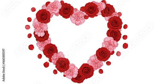Stunning heart frame bursting with vibrant red roses and delicate pink carnations, perfect for romantic celebrations and heartfelt expressionsisolated on white background