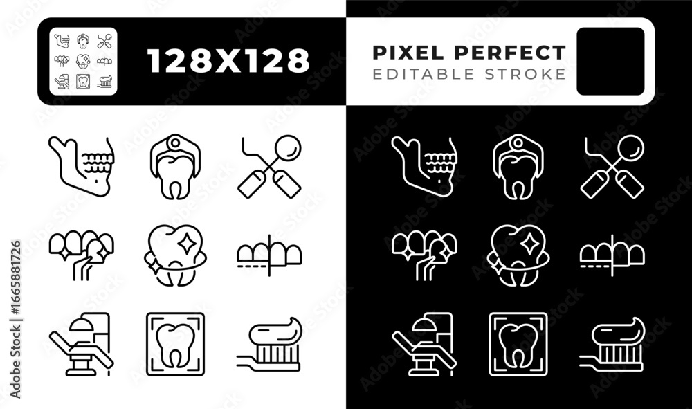 Fototapeta premium Stomatology service pixel perfect black and white line icons set. Teeth whitening, dental diagnosis. Bruxism illness. Outline iconset. Isolated monochrome illustrations. Editable stroke