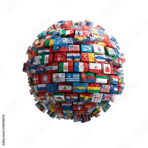 Sphere made of diverse national flags, representing global unity and world nations