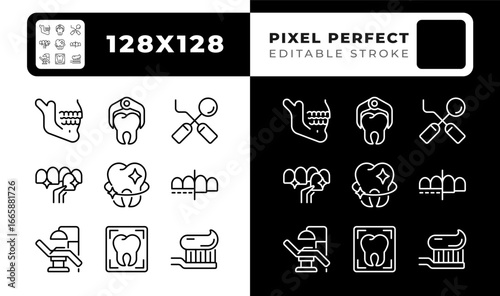 Stomatology service pixel perfect black and white line icons set. Teeth whitening, dental diagnosis. Bruxism illness. Outline iconset. Isolated monochrome illustrations. Editable stroke