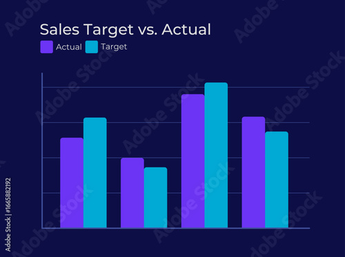 Sales target versus actual dark slide chart. KPI tracking, business performance. Data management, goal. Pitch deck presentation report. Infographic visualization. Montserrat font used