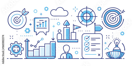 Business strategy success roadmap with goals charts and ideas blue line art corporate development planning and checklist progress for target achievements