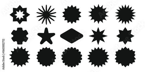 Collection of geometric starburst shapes and design elements isolated on white background providing versatile options for graphic design and creative projects