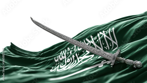 Green flag waving with silver sword, Arabic calligraphy