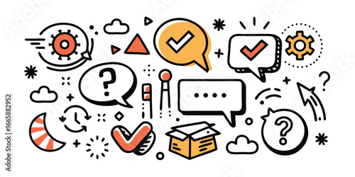 Conceptual hand drawn doodle of problem solving and questioning showing workflow icons and abstract symbols on white background