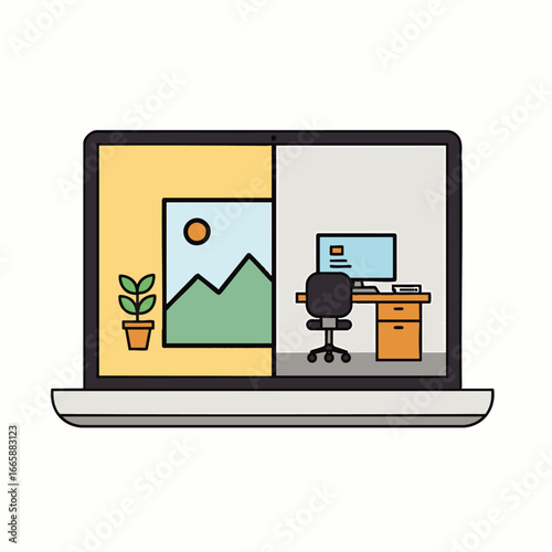A vibrant vector illustration depicting the modern balance between professional work and personal relaxation, shown as a split screen on a laptop.