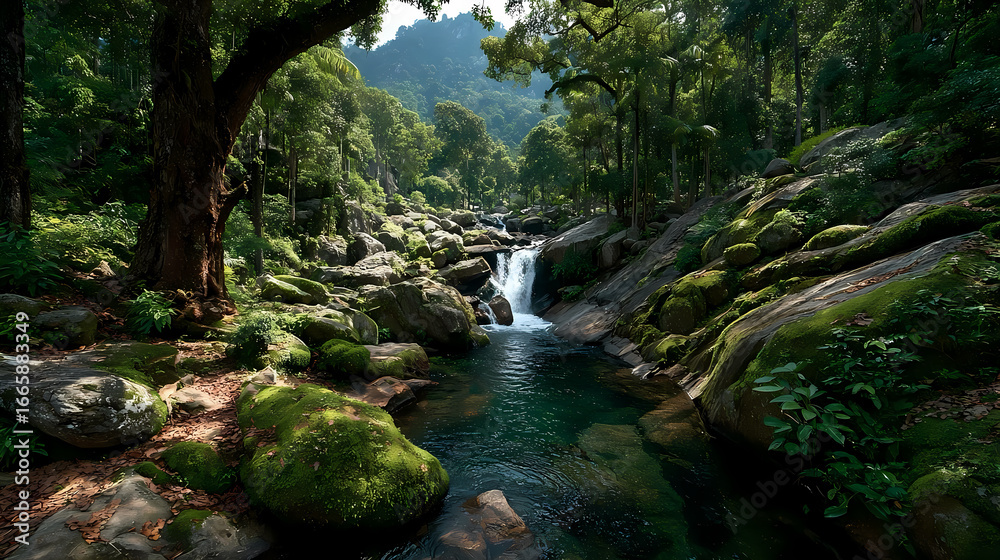 Fototapeta premium Serene Forest Stream Flowing Through Lush Greenery and Rocky Terrain