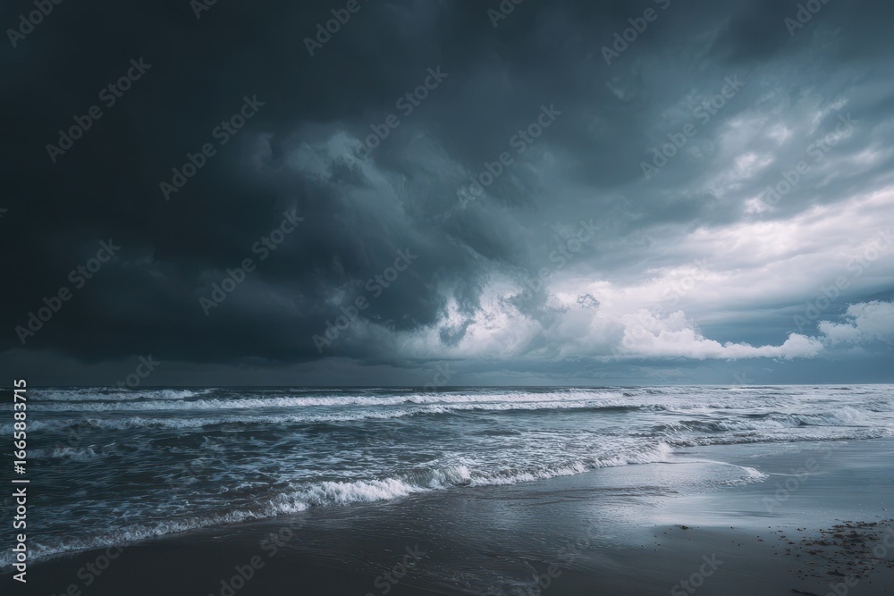 Fototapeta premium Dramatic Stormy Ocean Waves Under Dark Clouds at Dusk