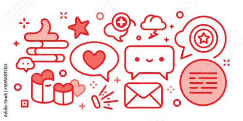 Digital social media icons in red outlines representing communication and modern online interaction for marketing campaigns and web design projects