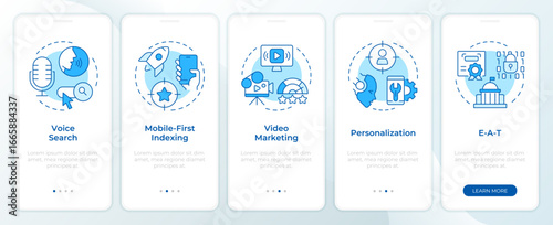 SEM technologies blue onboarding mobile app screen. Voice search. Walkthrough 5 steps editable graphic instructions with linear concepts. UI, UX, GUI. Montserrat SemiBold, Regular fonts used