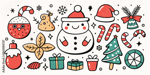 Festive christmas doodles with snowman ornament bell tree gift box candy cane and santa hat illustration