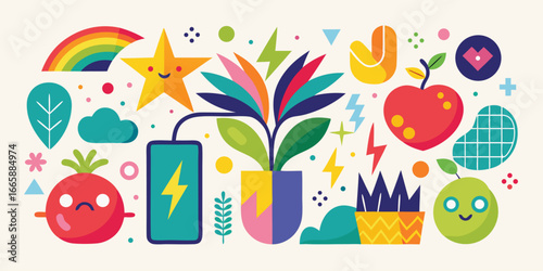 Flat design abstract composition featuring rainbow star plant battery fruit and geometric shapes