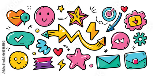Fun doodle style icons and elements collection vector graphic isolated on white background for social media platforms