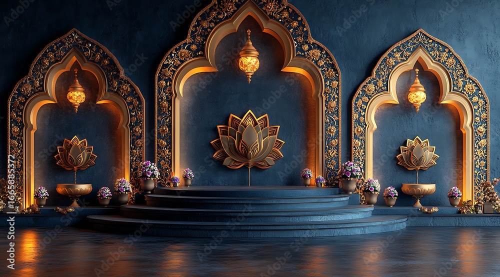 Fototapeta premium Ornate Indian stage with arched doorways, lotus motifs, hanging lanterns and floral arrangements