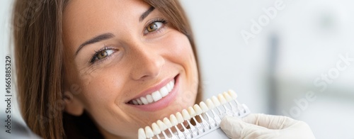 The smiling woman holding a dental shade guide during cosmetic dentistry consultation