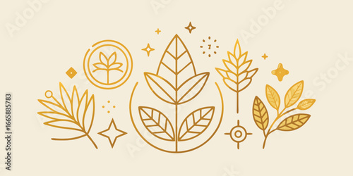 Golden botanical pattern with line art elements on light beige background featuring leaves branches and stars for eco fashion design