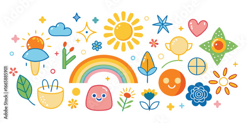 Groovy retro cartoon elements with flowers sun rainbow and stars in vibrant pastel colors cute vector illustration