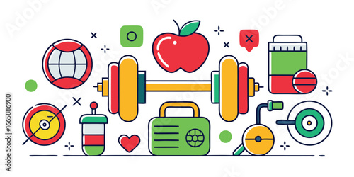 Healthy lifestyle flat design with dumbbell apple and vitamins promoting fitness and wellbeing in a illustration