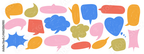 Comic speech bubbles with crayon texture. Hand drawn doodle style talk and thought balloons. Vector set for children design and communication.