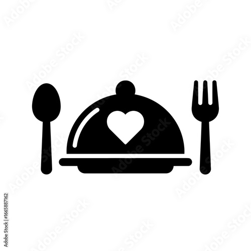 Vector art of a black icon representing a covered dish with a heart symbol, a spoon, and a fork, isolated on a, symbolizing love for food and dining experiences