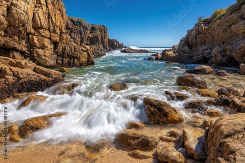Serene Coastal Landscape with Waves Crashing on Rocky Shoreline