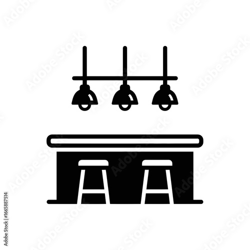 Vector art of modern bar counter with hanging pendant lights and stools, a minimalist interior design element, isolated on a
