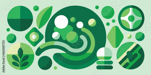 Modern green geometric shapes pattern design with eco friendly abstract elements in flat vector minimalist style creative illustration for backgrounds and templates